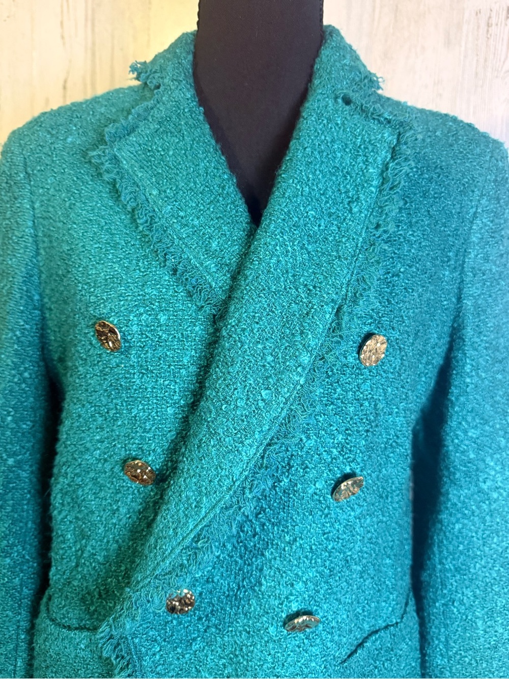 Dennis by Dennis Basso Teal Green Bouclé Tweed Double Breasted Blazer Sz 6 - Picture 3 of 8